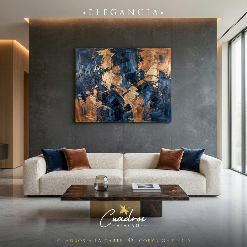 Elegancia | Cuadro Abstracto Azul Marino y Dorado | Pintado a Mano | Cuadros à la Carte