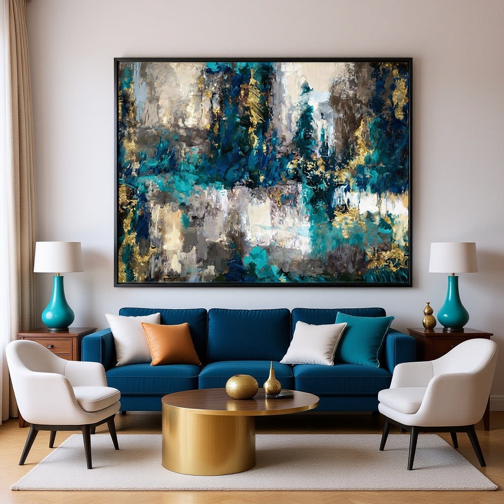 Cascadas de Hielo – Cuadro Decorativo Abstracto Azul Dorado Blanco
