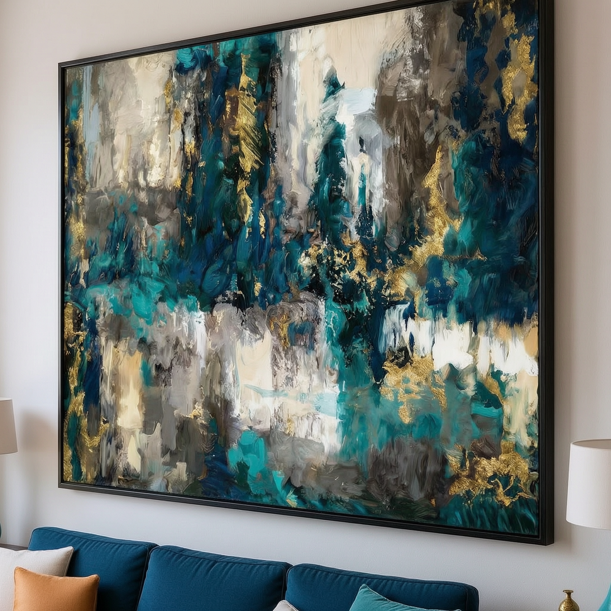 Cascadas de Hielo – Cuadro Decorativo Abstracto Azul Dorado Blanco
